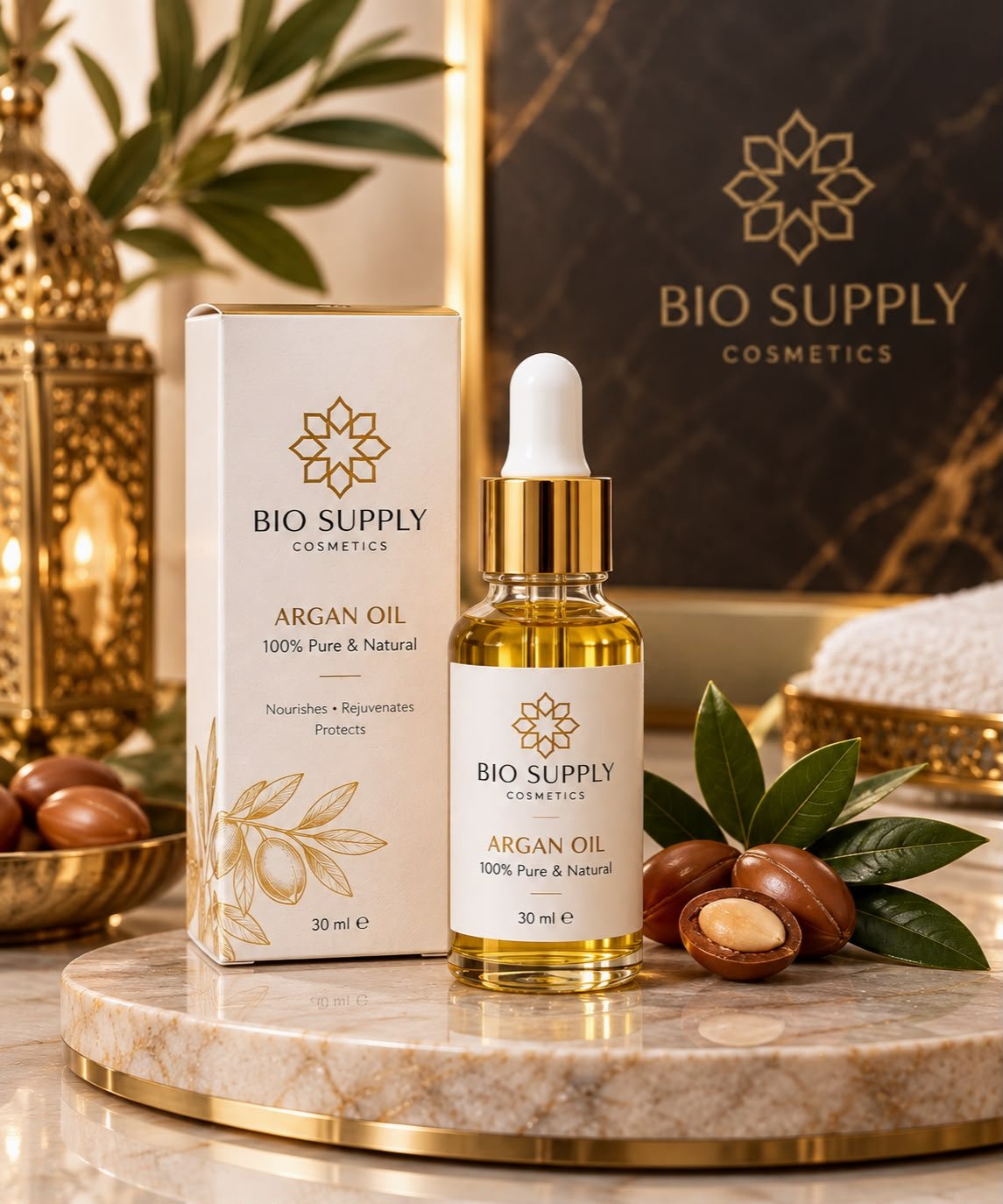 Argan oil dropper bottle and carton, styled with Moroccan lanterns and botanical details