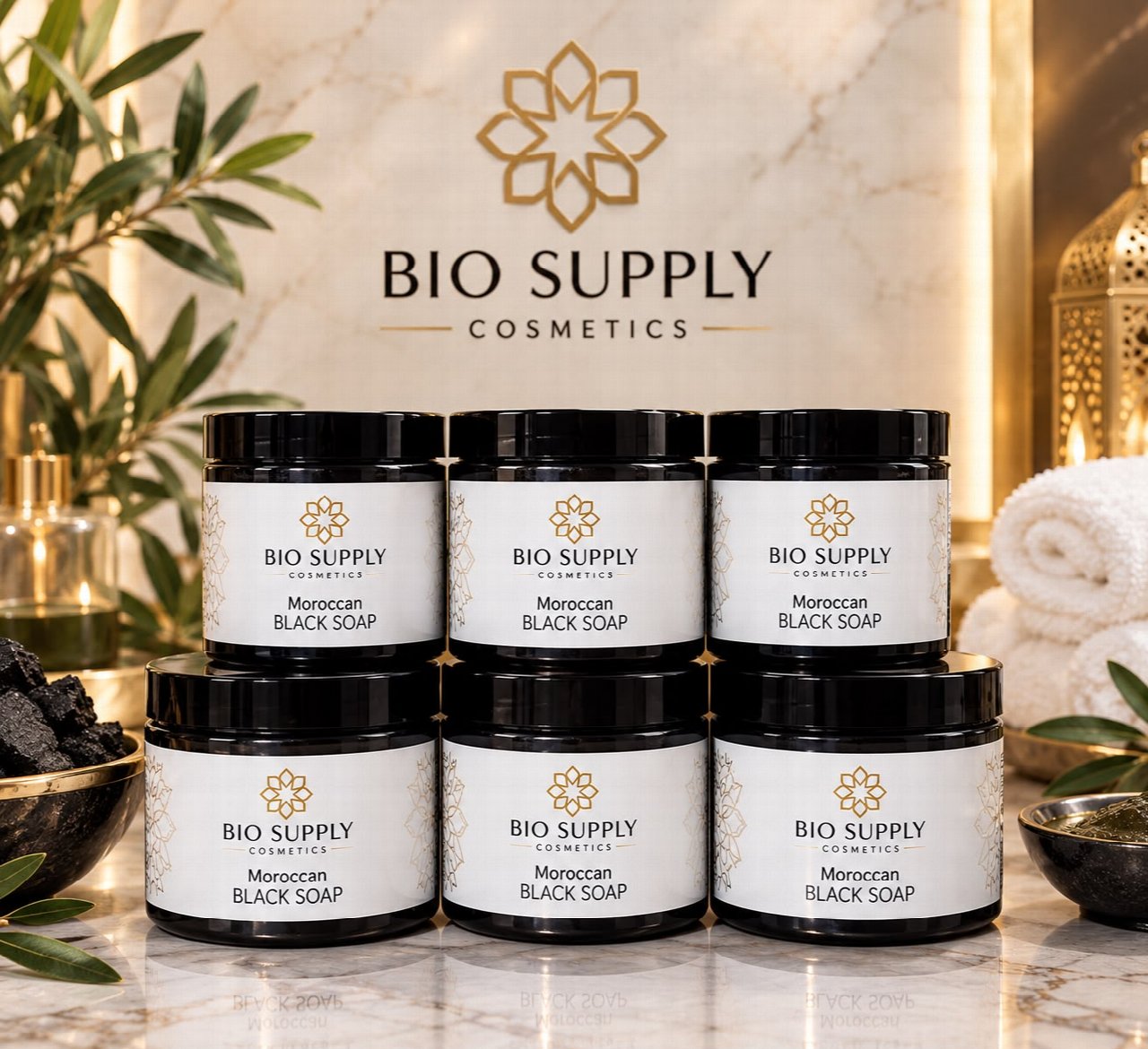 Moroccan black soap presented in black jars with white labels