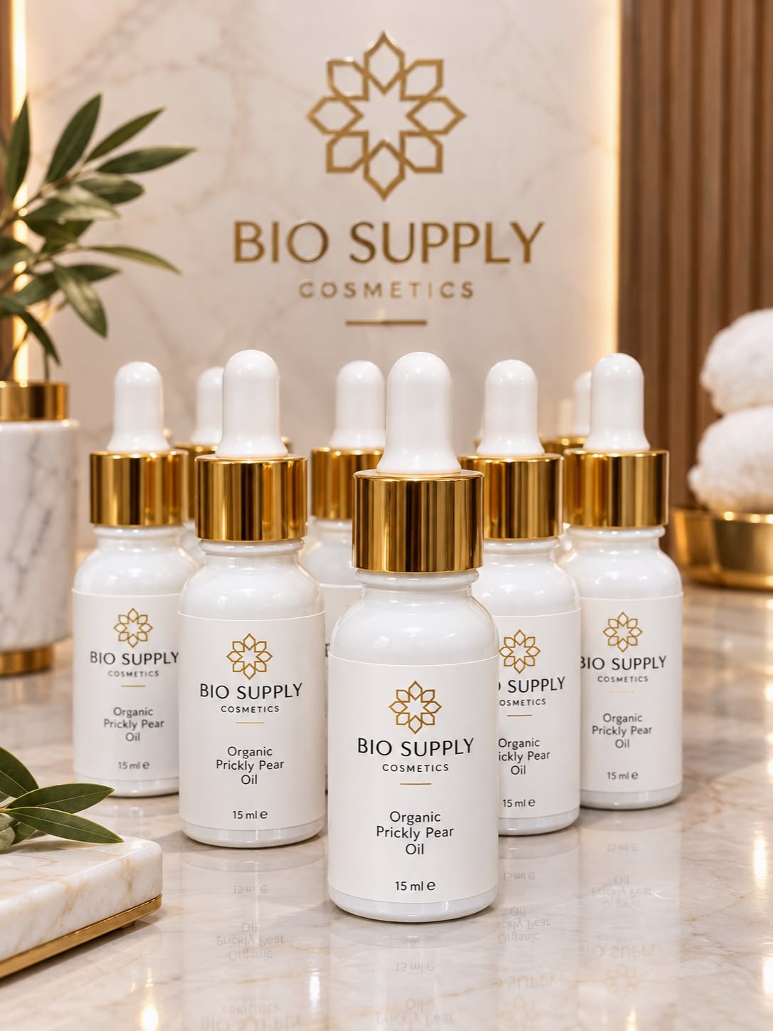 A collection of white dropper bottles with gold collars