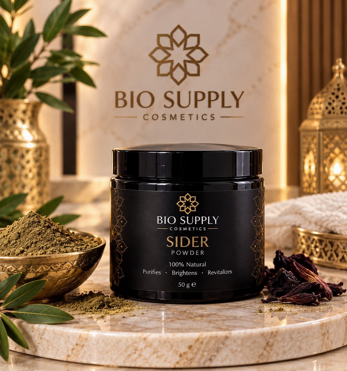 Moroccan-inspired Sider powder product presentation with lanterns and botanical details