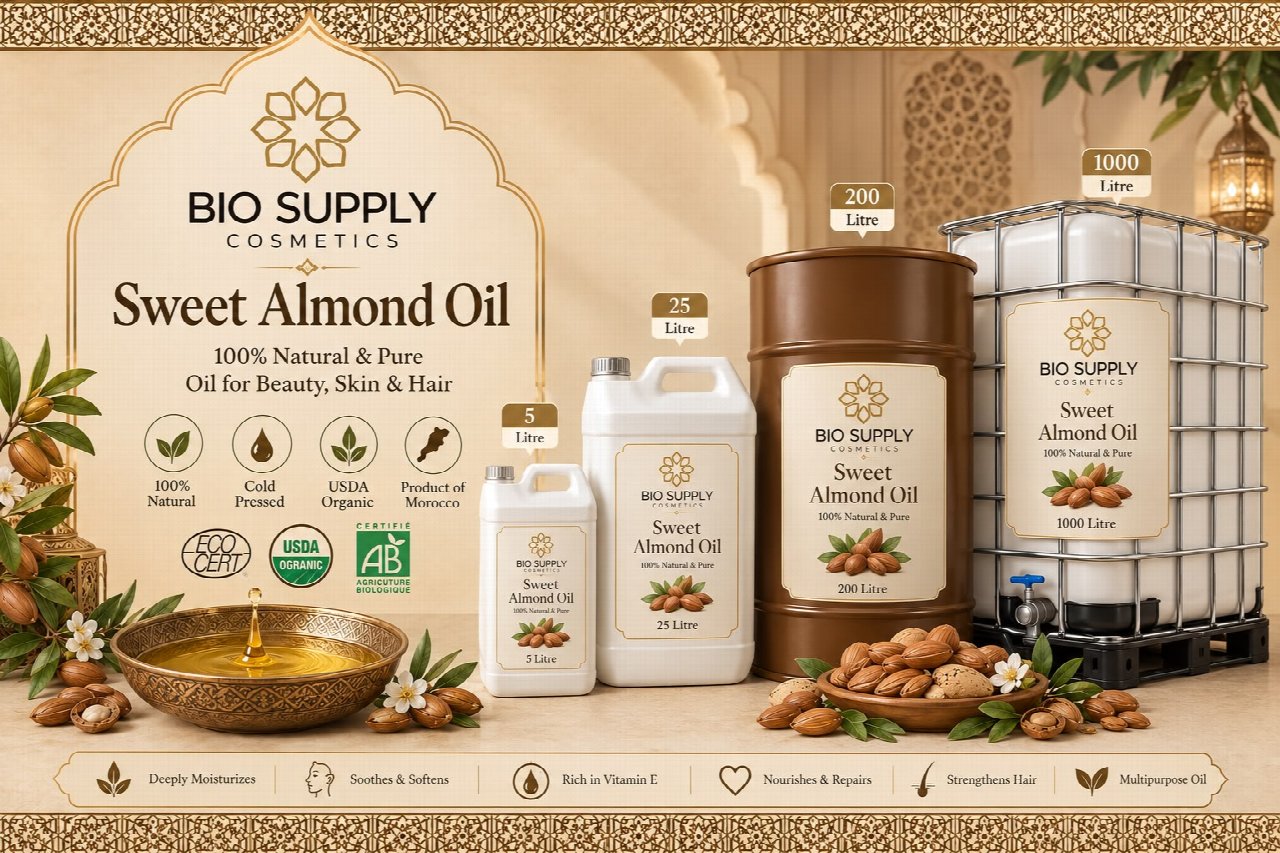 Sweet almond oil bulk supply presentation with bottles and larger containers